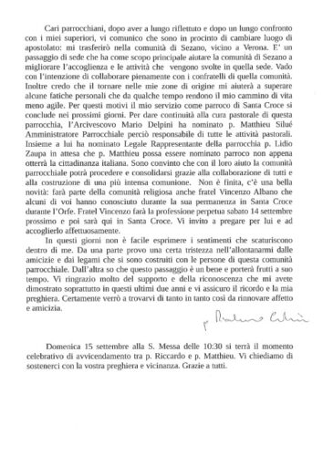 Lettera di padre Riccardo ai parrocchiani di santa Croce